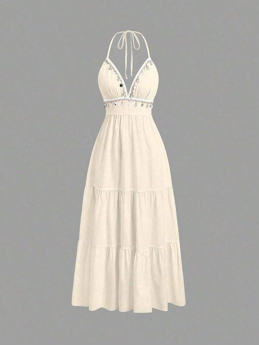 Vestido de mujer con cuello halter, cintura con lazo y bordado para vacaciones - Albaricoque - Ver 1