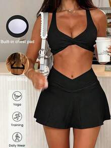 WBKV Conjunto de 2 piezas de mujer de verano amarillo, estilo deportivo y casual, sexy, con camiseta de tirantes y falda de cintura alta con forro de pantalón corto, adecuado para correr, hacer ejercicio, yoga, gimnasio - Negro - Ver 7