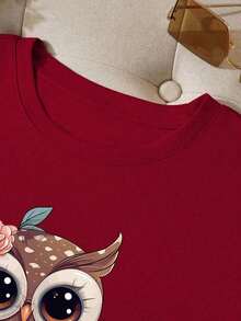 1 Pieza de Camiseta Casual de Moda para Hombres y Mujeres, con Estampado de Búho de Dibujos Animados, Cuello Redondo, Manga Corta, Camisetas Gráficas para Mujer, Versátiles, fáciles de combinar, adecuadas para uso diario, estilo urbano, ropa de vacaciones, ropa de fin de semana. - Burdeos - Ver 5