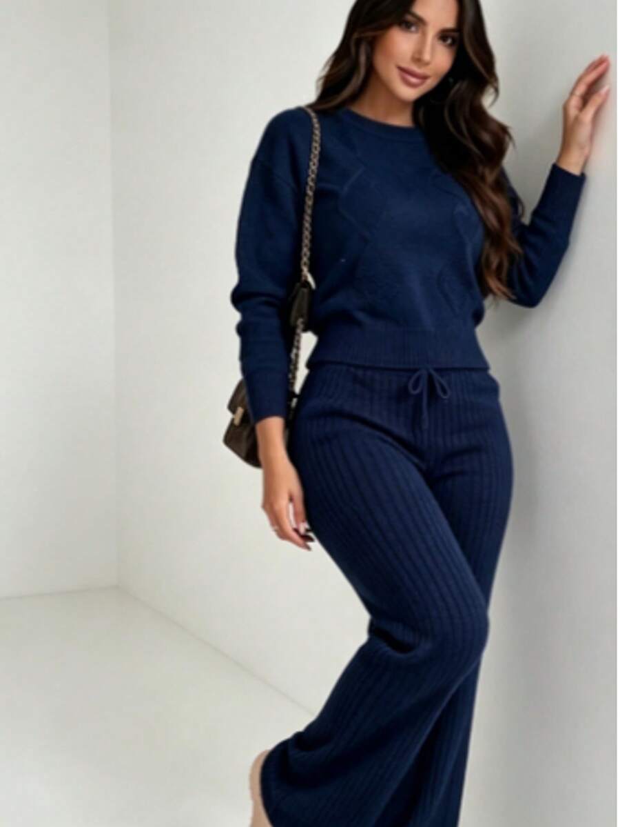 Knitted Set, Women's Long Sleeve Knitwear, Women's Fashion, Casual, Urban, Party, Nightclub, Comfortable - 藏蓝色 - 查看 1