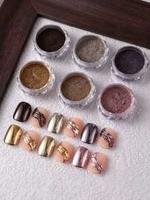 12pcs/Set Elegant Golden Metallic Nails Glitter Magic Mirror Powder Autumn Winter Reflective Glitter Dust Y2K Luxury Design Nail Art Decoration Festive Manicure - Multicolor - View 6