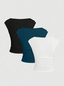 Set de 3 piezas de Top/camiseta de mujer ajustada, de manga corta, con espalda recortada, transpirable y que absorbe la humedad - Multicolor 14 - Ver 2
