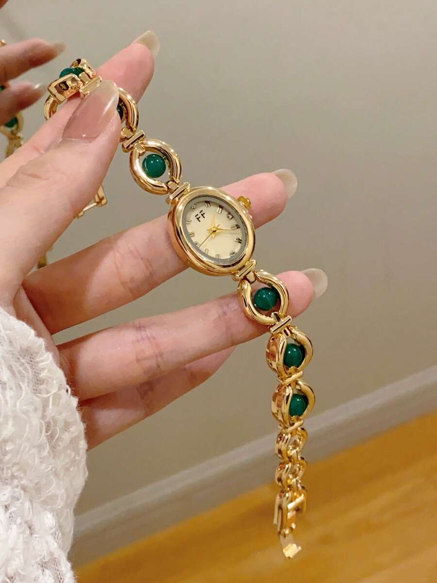 1pc Petite Gold/Silver Vintage Luxury Women's Quartz Watch, Fashionable Minimalist Elegant For Daily Wear, Birthday Gift - Green - View 1