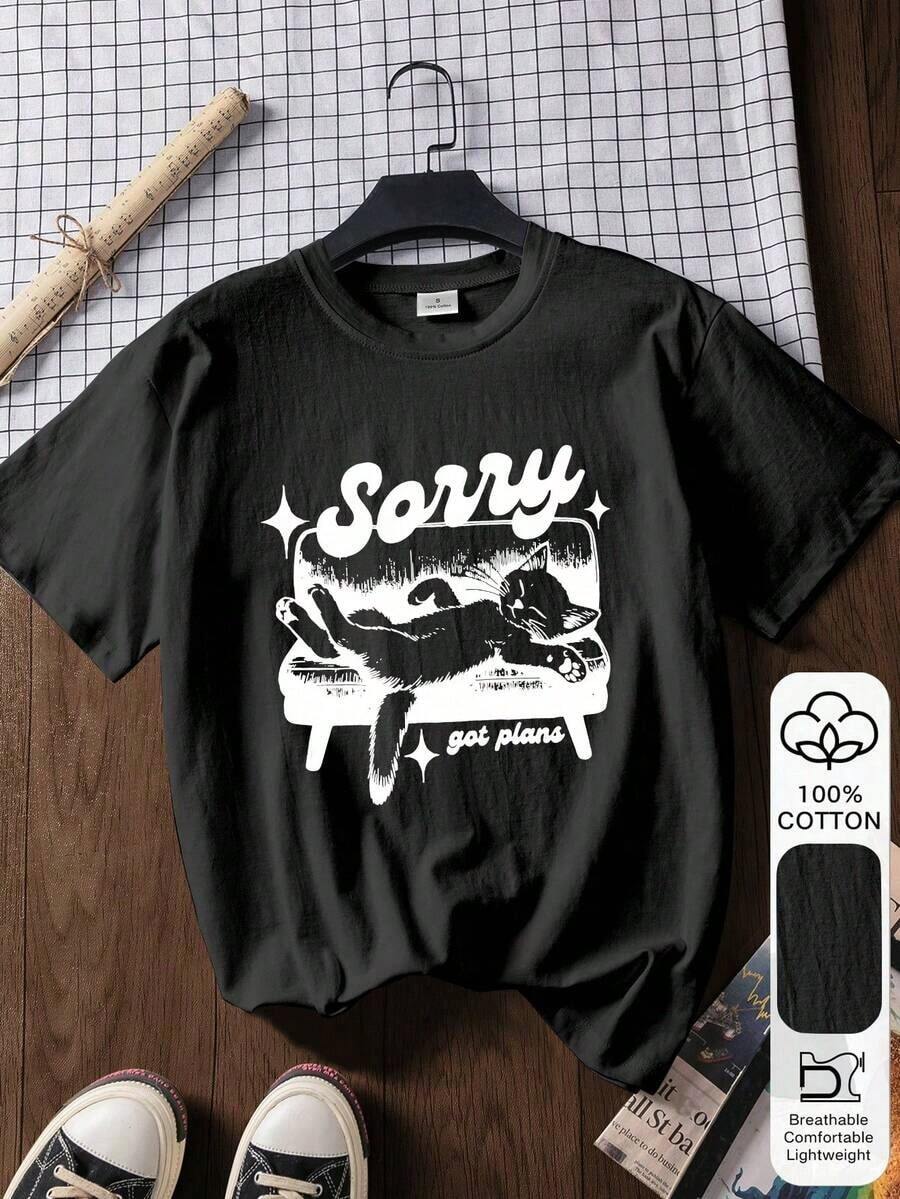 Camiseta de manga corta de 100% algodón con estampado de gato para mujer, conjunto casual de verano, camiseta de algodón, top de verano, estampado gráfico, camiseta de mujer, top, ropa de verano, vacaciones, viajes, playa, ropa minimalista de resort en color blanco - Negro - Ver 1
