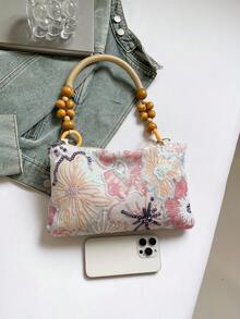 1pc Floral Sequin & Beaded Decor Woven Wooden Bracelet Handbag Retro Beach Style Women Zipper Shoulder Bag Suitable For Vacation Shopping Working - Multicolor - View 8