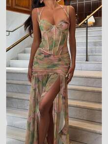 Women's Short Printed Strappy Dress - High Waist With Side Slit, Beachy Holiday Style - New Arrival Summer 2026 - 綠色 - 查看 1