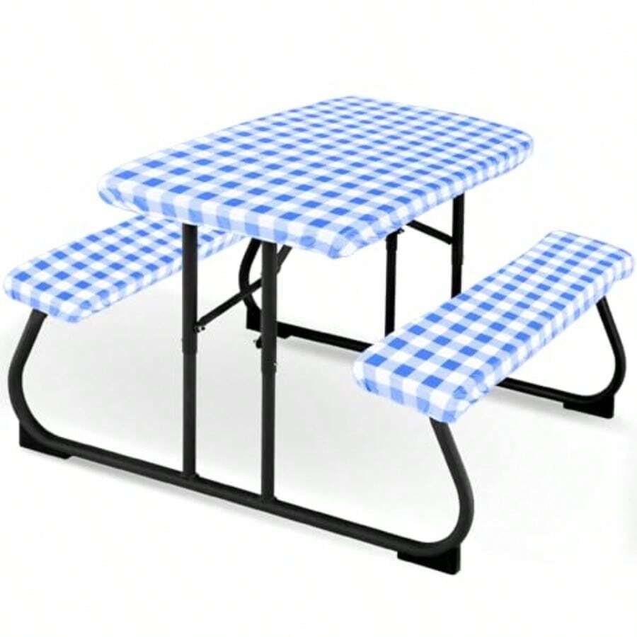 Moukeren - Juego de 3 fundas de mesa de picnic para niños con fundas de banco, mantel ajustable para exteriores, tela impermeable de vinilo para camping, artículos del hogar, interiores y exteriores - Azul y Blanco - Ver 1