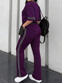 2 piezas Conjunto de camiseta de manga corta de cuello redondo y pantalones sueltos de cintura elástica para mujer, uso diario casual, negro, verano - Morado oscuro 64 - Ver 9