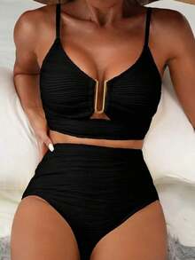 Conjunto de bikini de traje de baño de mujer con volantes, textura sólida y recortes huecos, separados, para vacaciones de playa en verano 2025 - Negro - Ver 6