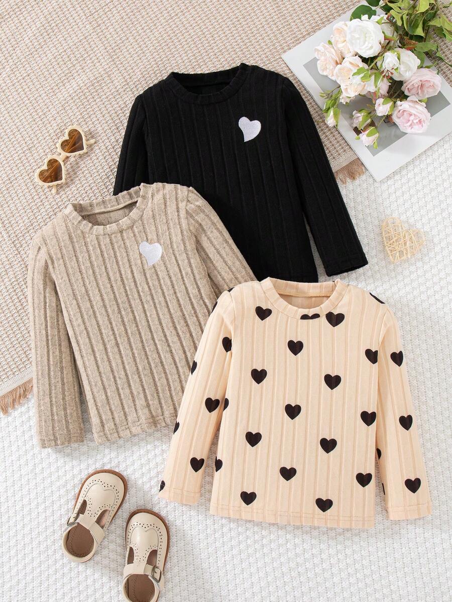 3pcs/Set Girls Heart Embroidery Decor Round Neck Long Sleeve T-Shirt, Casual Everyday Wear, Spring/Autumn - Multicolor - View 1