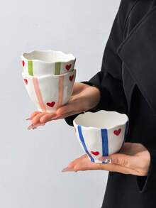 1 pieza/2 piezas Taza de café con diseño de corazón a rayas, taza de café pequeña de cerámica con corazón a rayas de estilo nórdico clásico, taza con asa de mano linda, espresso árabe, taza pequeña para entretener a invitados/amigos, té/café de tarde diario, apta para lavavajillas, reutilizable - Multicolor - View 3