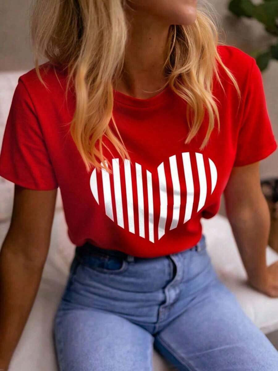 Camiseta casual de mujer con estampado de corazones y rayas, para veranoPure-Cotton - Rojo - Ver 1