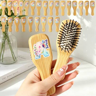 1 pieza Peine de cojín de aire de material de bambú y madera, 26 letras en inglés con patrón de flor inicial y color degradado personalizado, compacto y portátil, adecuado para llevar, viajar, bolso, peine para peinado de mujer, gran regalo para hija, esposa, hermana, amiga