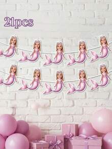 7/14/21pcs Customized Mermaid Theme Face Photo Banner, Personalized Birthday Party Backdrop Wall Hanging, Underwater Scene Happy Birthday Party Decoration, Birthday Gift - Blue - View 19