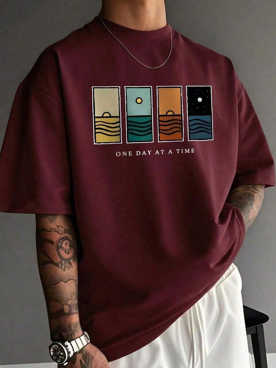 Compatible With The Minimalist Printed Short-Sleeved T-Shirt For Men, Comfortable And Breathable, Suitable For Summer, Fashionable. - Burgundy - View 1