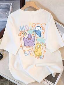 Women's Pure Cotton Short Sleeve T-Shirt, Cartoon Print Top, Regular Shoulder, Short Sleeve, Loose Summer Top, New Style 2024 #3333 Women's Going Out Blouses - 白色 - 查看 5