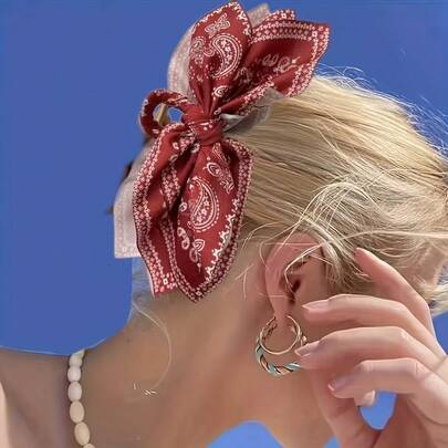 1 pieza Clip para el cabello con estampado colorido y lazo estilo bohemio, adecuado para vacaciones y diversas fotos de vacaciones. Minimalista, elegante y noble, muy adecuado para usar cuando se juega junto al mar. Color rojo y blanco, sujeta el cabello de forma firme, hermoso accesorio para el cabello. Accesorio elegante para el cabello, adecuado para usar en la escuela o en el trabajo en otoño e invierno.