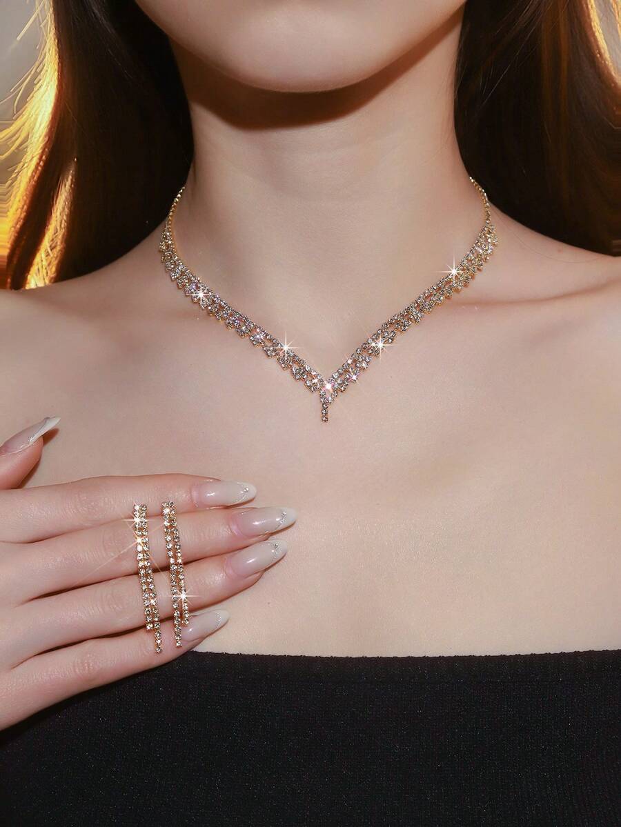 2 Pieces Exquisite Full Diamond Collarbone Necklace Earrings Simple Temperament Dress Wedding Versatile Set Jewelry Women Mothers Day Gift Beach Accessories For Women Jewelry Sets For Women Necklaces For Women Cheap Items - Multicolor - View 1