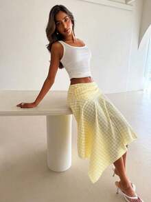 Women's Spring/Summer New Asymmetric Hem Plaid Midi Skirt, Retro Y2K Streetwear Summer Summer Outfits Summer Clothes Beach Outfits For Woman Beach Vacation Vacation Outfits Woman Boho Tropical Vacation Woman Clothe Pale Yellow Plaid Asymmetrical Hem Midi Skirt - Perfect For Vacation Or Beach Wear. - Màu xanh lam - Xem 11
