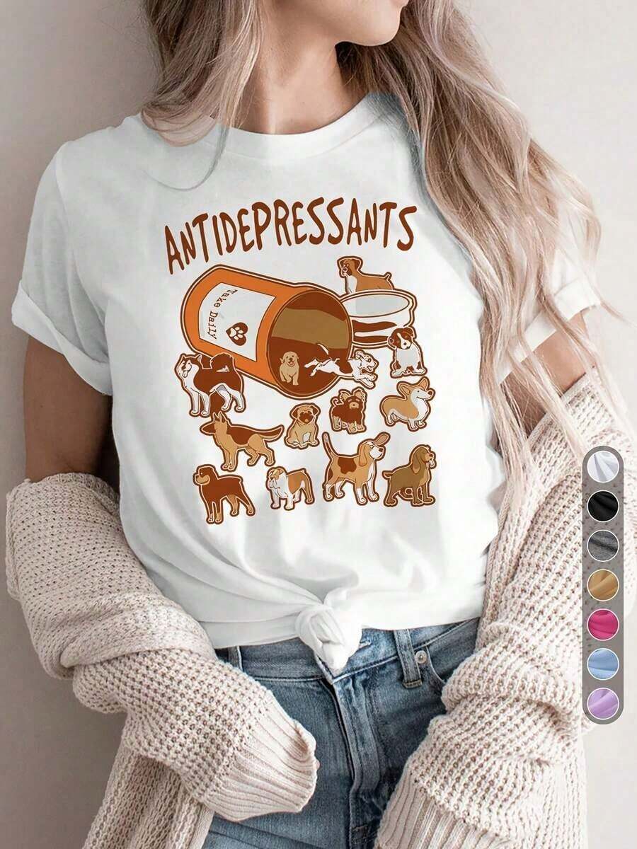 Camiseta de Mujer, Camiseta Casual de Mujer, Camiseta de Cuello Redondo, Estampado de Perro Anti-Depresión, Estilo de Moda de Perro Anti-Depresión, Camiseta Casual Divertida, Diseñada para Amantes de Mascotas y para Quienes Necesitan Relajarse, Temática de Perros Relajados, Camiseta Humorística, Top Cómodo para Todos. - Blanco - Ver 1