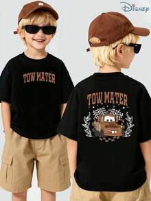 Boys' Disney Cars Tow Mater Racing Flag Graphic T-Shirt, Kids Retro Tow Mater Tee, Soft Breathable Casual Top For Boys, Ideal For Everyday Wear, Playground, School, Theme Parks, Vacation & Outdoor Activities - màu đen - Xem 1