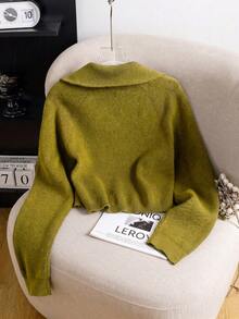 Pull court à demi-zip pour femmes, pull à col montant moelleux, Top tricoté thermique pour tenues décontractées d'automne et d'hiver, rentrée scolaire, Halloween - Jaune moutarde - Voir 2
