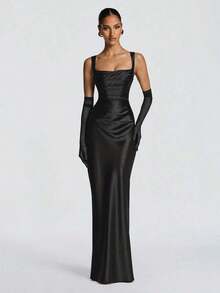 Vestidos elegantes Glamrae - Vestido de satén elegante con cintura ajustada y cordones, vestido largo para fiesta de Halloween, vestido formal de cóctel para banquete, vestido de fiesta de Navidad, vestido de boda de San Valentín, Vestidos Elitara - Negro - Ver 6