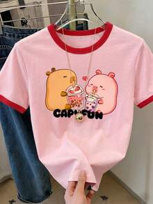 1pc Girls' Pink Contrast Trim Capybara & Milk Tea Print Short Sleeve T-Shirt, Summer New Cute Cartoon Pattern With Red Ringer Design, Loose Fit Round Neck - Pink - View 1