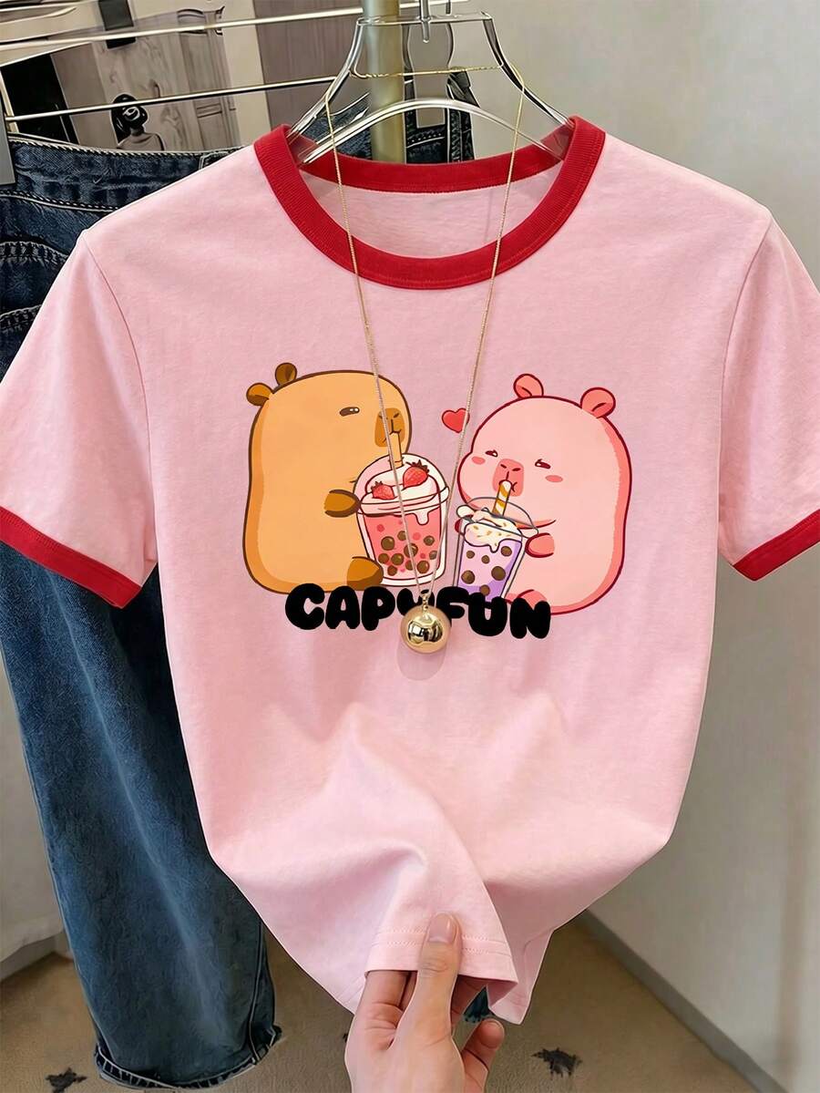 1pc Girls' Pink Contrast Trim Capybara & Milk Tea Print Short Sleeve T-Shirt, Summer New Cute Cartoon Pattern With Red Ringer Design, Loose Fit Round Neck - Pink - View 1