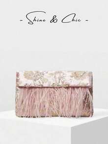 PREMIUM LADIES ELEGANT FLORAL PATTERN BEAD MATERIAL CLUTCH BAG ENVELOPE BAG WITH ARTIFICIAL FEATHER DECORATION,VALENTINES DAY - Pink - View 2