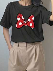 Manga corta, estampado de lazo con lunares rojos, camiseta casual de manga corta 100% algodón, camiseta estampada, tela suave, ropa de algodón, camiseta para exteriores, estampado, camiseta de verano, camiseta de mujer, camisa, ropa de verano, ropa de vacaciones, estilo de viaje, estilo playero, atuendo sencillo para vacaciones, ocio. - Negro - Ver 3