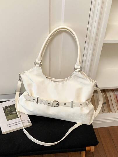 New Fashion Casual Solid Color PU Tote Bag, Buckle Decor, Large Capacity Women's Shoulder Bag, Suitable For Commuting And Shopping