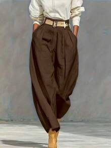 Women's Solid Color Zipper Pocket Pleated Casual Loose Pants (Belt Not Included) Spring - Chocolate Brown - View 10