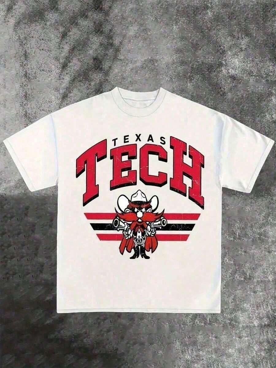 Men's Texas Tech Graphic-Shirt - Red & White Print, Soft Breathable Fabric, Regular Fit Casual Short Sleeve Tee All Seasons, Hand Washable, Allseason Apparel | Bold Print Shirt | Comfortable Clothing, Unisex Outdoor & Casual Attire - màu đen - Xem 1