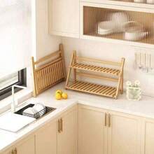 BZP9 1 pieza Organizador de estante plegable de bambú para encimera de cocina, estantería de almacenamiento multifunción compacta para uso doméstico - Marrón 50 cm - Ver 2