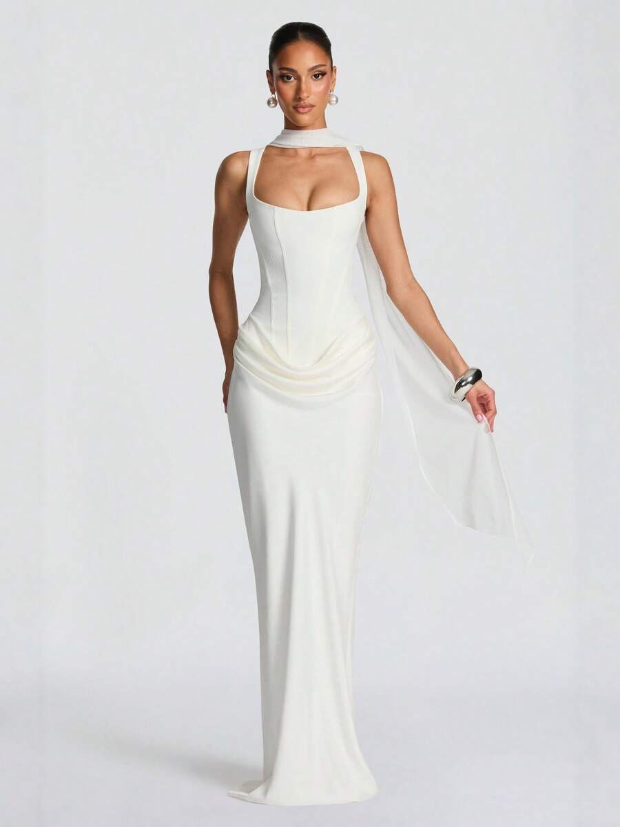 2026 Women's Casual Long Sleeve Slim Fit Fishbone Pure Desire Sleeveless Maxi Dress Solid Color Bodycon Dress - trắng - Xem 1