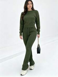 Knitted Set, Women's Long Sleeve Knitwear, Women's Fashion, Casual, Urban, Party, Nightclub, Comfortable - 軍綠色 - 查看 4
