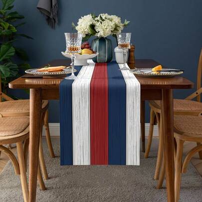 1pc Independence Day Themed Table Runner - Red, White And Blue Rustic Wood Grain Polyester Tablecloth, Farmhouse Style Decor, Suitable For Indoor/Outdoor Kitchen, Dining Room, Summer Holiday Party, Farmhouse Kitchen Decor