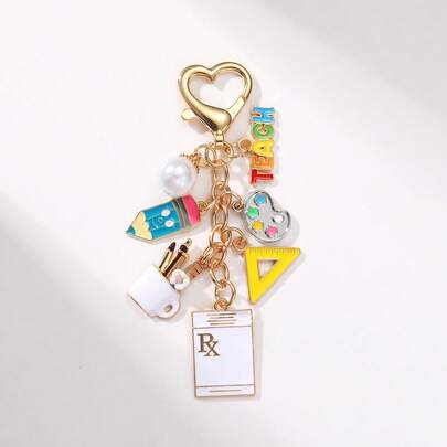 Alloy Oil Drop Teacher's Day Keychain, Pencil + Ruler + Pen Holder + Teach Charm, Cute Pendant For Teachers, Vibrant Oil Drop Craft, Can Be Used As Bag/Keychain/Backpack Accessory, Durable And Fade-Resistant, Alloy Material