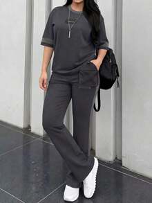 2 piezas Conjunto de camiseta de manga corta de cuello redondo y pantalones sueltos de cintura elástica para mujer, uso diario casual elegante de verano en color negro - Gris oscuro 23 - Ver 8