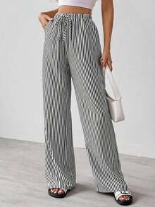 Tall Pantalones largos de mujer casuales de uso diario con estampado a rayas y estampados para primavera/verano - Negro 2 - Ver 2