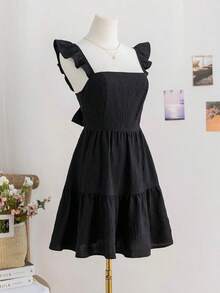 Vestido mini de mujer para vacaciones, de color caqui marrón, con textura de ramitas y hojas, de tela, con mangas de tipo gorro, espalda abierta y cintura con lazo, apto para fiesta, cita, té de la tarde, estilo bohemio, festival de música, carnaval, playa. - Negro - Ver 3