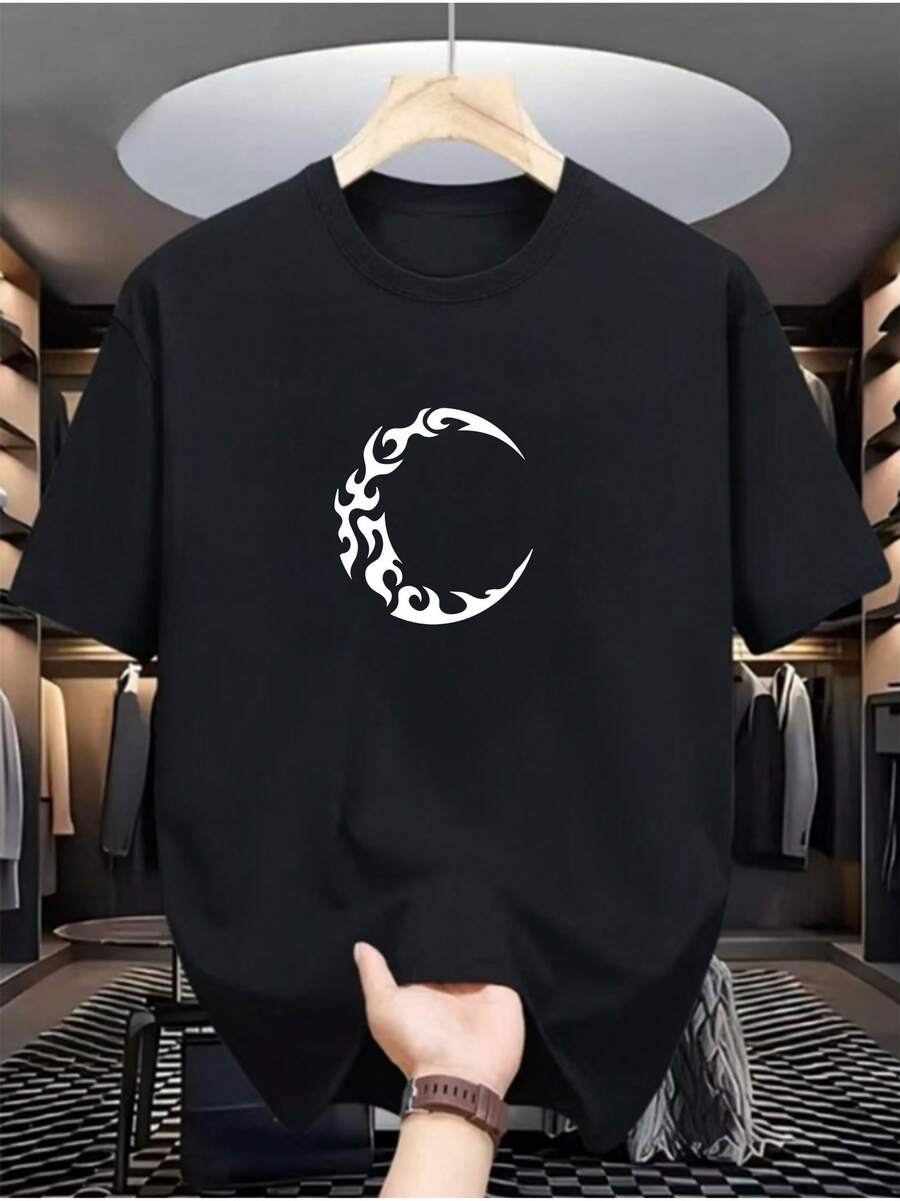 Men's T-Shirt [Moon Flame] - Men's Casual T-Shirt With Digital Print - Polyester Fiber, Round Neck, Short Sleeve, Urban Hip-Hop Style, European And American Summer Fashion, Sporty Style. - 黑色 - 查看 1