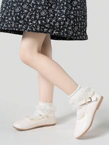 1/5雙女孩四季米色蕾絲荷葉邊襪子，可愛公主風刺繡荷葉邊短襪，親膚柔軟舒適，時尚休閒透氣百搭，適合節日禮物/學校與日常穿著 - 米色 - 查看 6