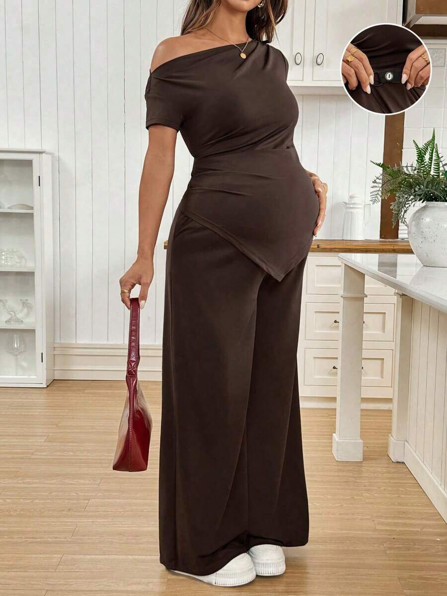 2 piezas Conjunto de top asimétrico y pantalones de unicolor casual de maternidad, verano - Marrón - Ver 1