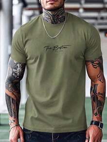 Camiseta de manga corta de verano casual con estampado de eslogan para hombres - Verde militar - Ver 8
