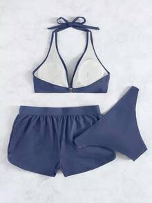 5HZN  Swim Conjunto de 3 piezas de bikini de unicolor con parte superior de cuello halter en V y Bottom triangular y braguitas para primavera/verano 2026 - Niebla azul - Ver 1