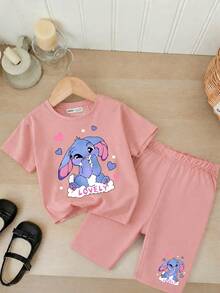 Girls' Summer Casual Set, Pink Short Sleeve T-Shirt With Shy Rabbit Cartoon Print, Paired With Black Shorts With Matching Pattern Accent, Cute And Lively, Suitable For Daily Wear Or Campus Outfit - Pink - View 1