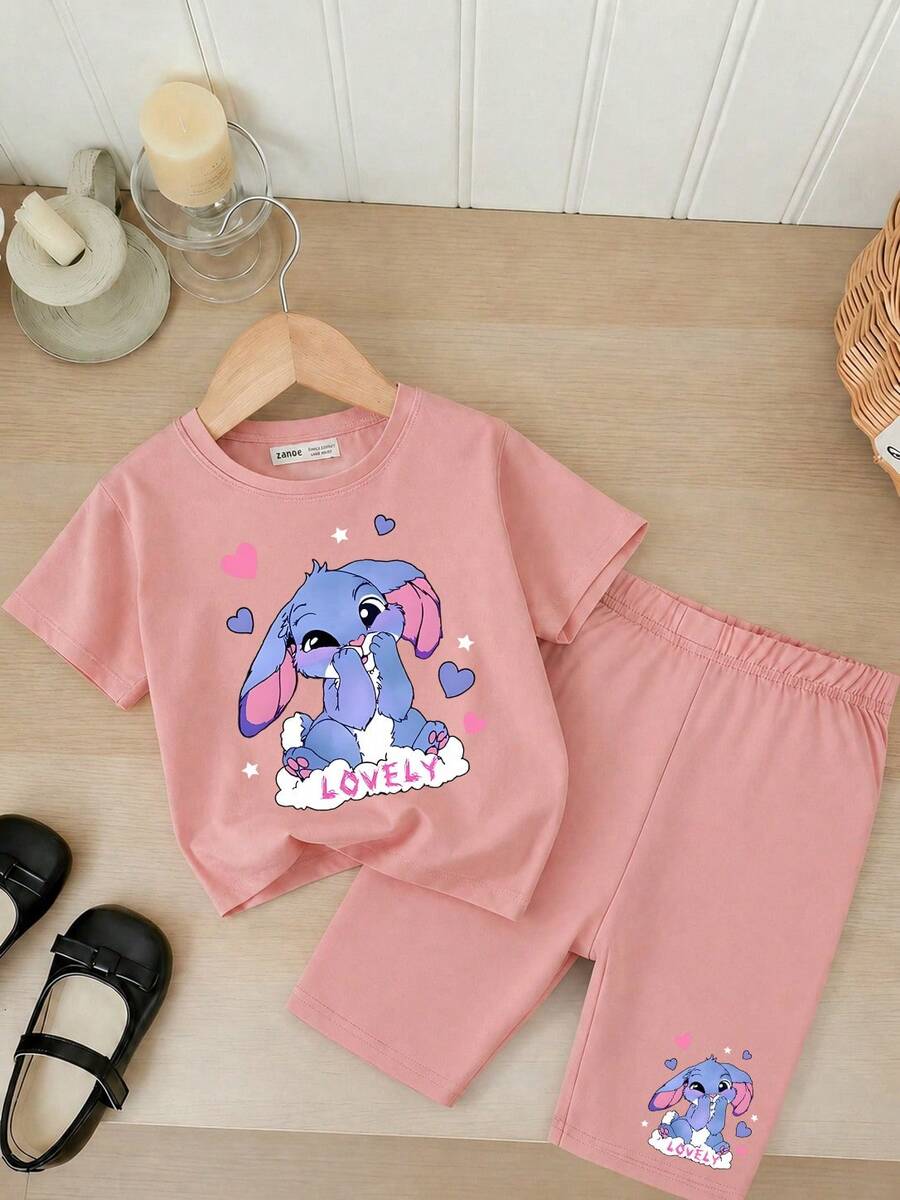 Girls' Summer Casual Set, Pink Short Sleeve T-Shirt With Shy Rabbit Cartoon Print, Paired With Black Shorts With Matching Pattern Accent, Cute And Lively, Suitable For Daily Wear Or Campus Outfit - Pink - View 1