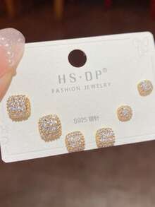 1 Set de Pendientes Elegantes y de Moda Completamente Enjoyados con Cristales en Forma Cuadrada, Versátiles y Adecuados para el Uso Diario de las Mujeres - Pendientes cuadrados súper brillantes con diamantes por todas partes. - Ver 5